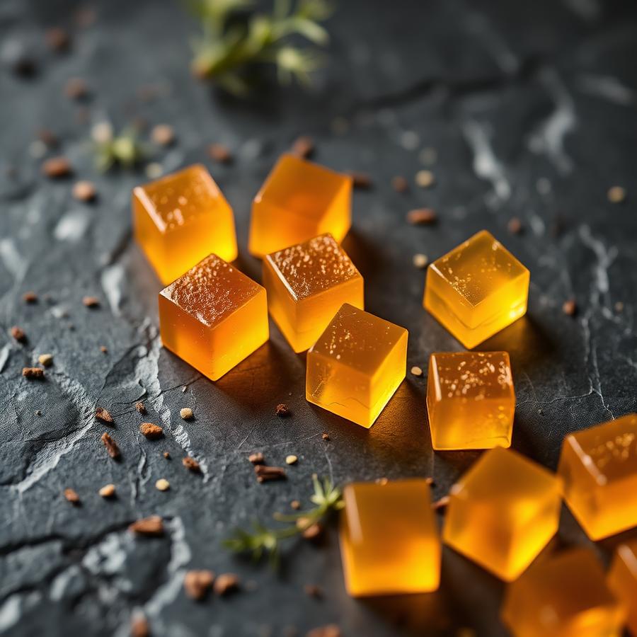 Amber gelatin chews scattered on dark slate