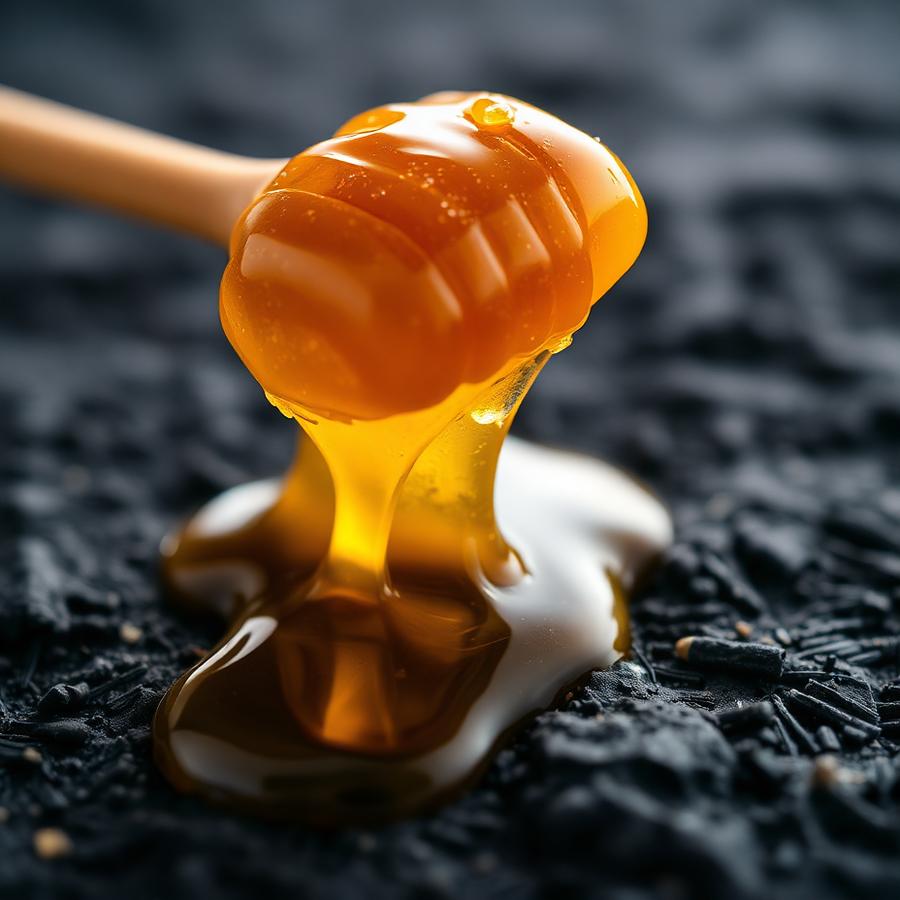 Golden honey dripping from a dipper onto a dark surface