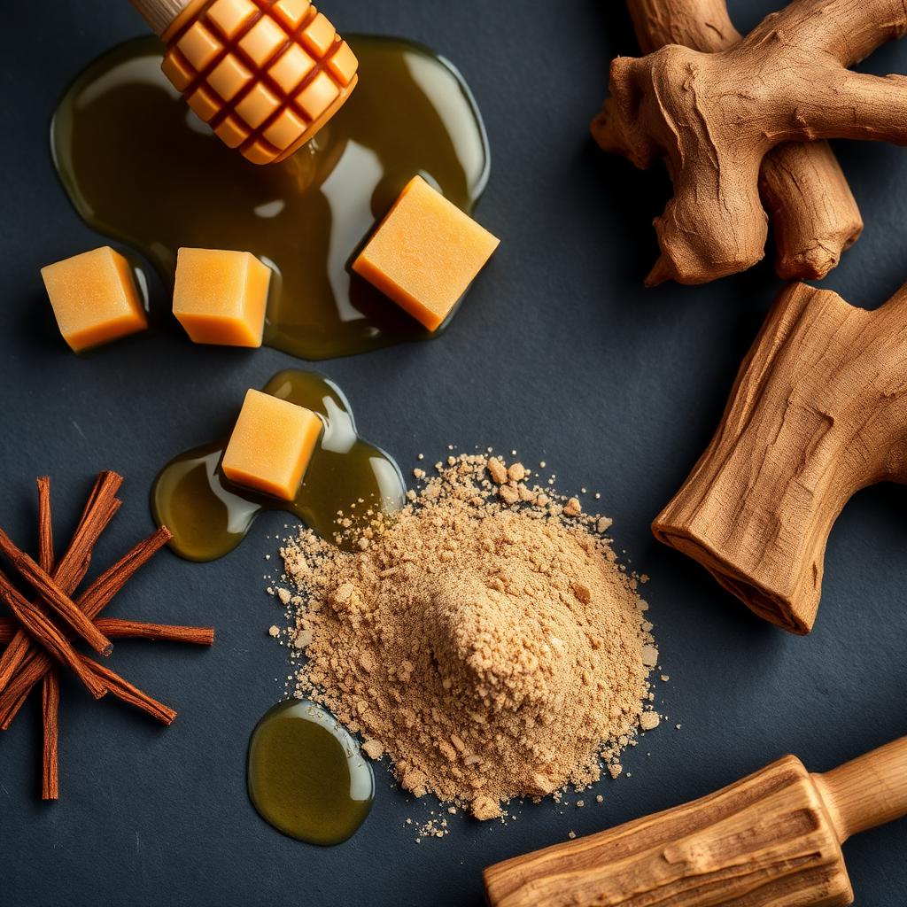 Natural honey, gelatin cubes and botanical powders arranged on dark slate