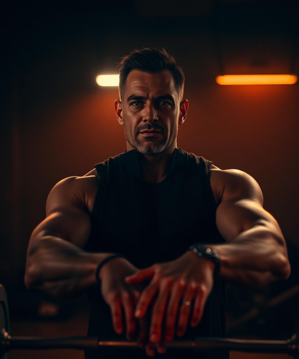Man in his forties resting on a barbell in a dimly lit gym