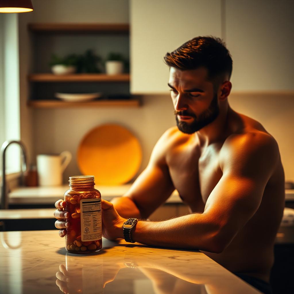 Man reviewing a supplement label on an amber jar in warm kitchen light